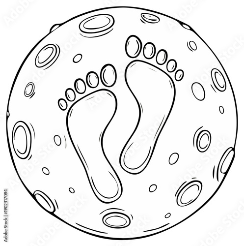 Moon surface with human bare footprints and craters black and white line art