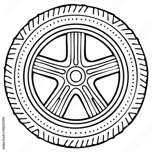 Black and white line art car wheel illustration with five spoke rim and tire tread sketch