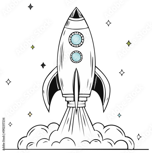 Hand Drawn Rocket Launching with Stars, Spacecraft Taking Off, Cartoon Rocket Taking Off
