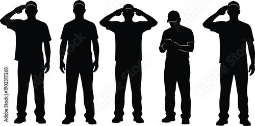 Male worker silhouettes standing in different poses isolated on white background for construction industry, labor concept vector illustration design set