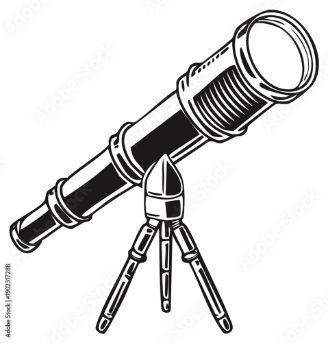 Monochromatic illustration of a detailed telescope on a sturdy tripod for discovery