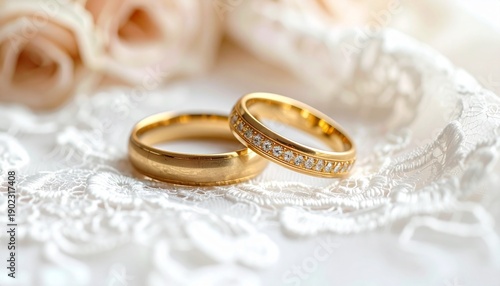 Golden Wedding Bands on White Lace with Peach Roses in Soft Focus