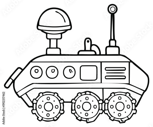 Cartoon space rover exploring an alien planet with its six wheels and antenna