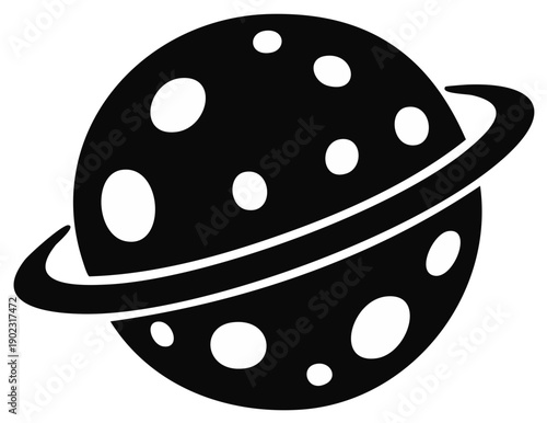 A simple black and white vector icon of a planet with a ring and craters