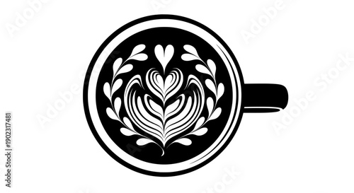 Coffee latte art heart pattern, top view, cafe beverage, flat design vector illustration