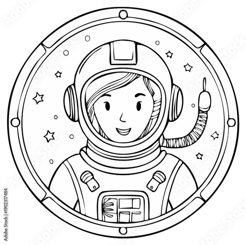 Smiling female astronaut in a spacesuit looking out of a round porthole line art