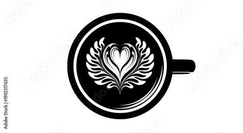 Coffee latte art heart pattern, top view, cafe beverage, flat design vector illustration