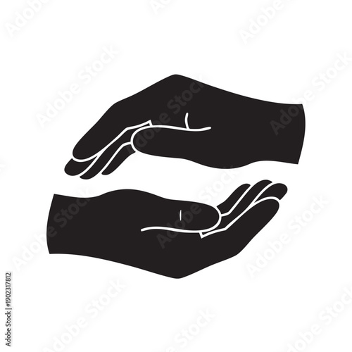 Black silhouette of two protective hands cupped together isolated on white background representing care security insurance and support vector illustration