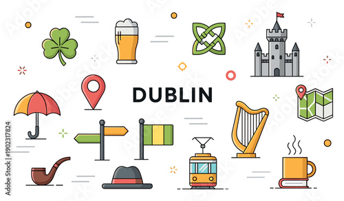 Dublin icons: pint, castle, harp, shamrock, tram, umbrella, pipe, map