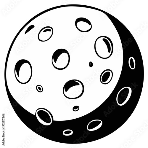Stylized black and white illustration of a crescent moon with craters