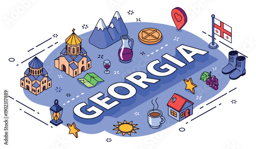 Colorful icons representing georgian culture and landmarks