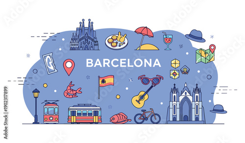 Barcelona icons: architecture, cuisine, culture, and landmarks in colorful illustration