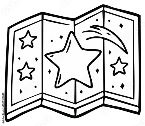 Folded map with star shapes and shooting star in black and white.