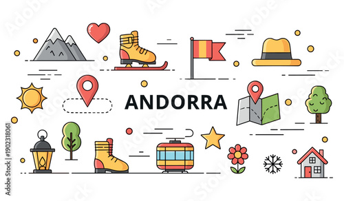 Andorra landmarks and icons: mountains, flag, map, and nature elements