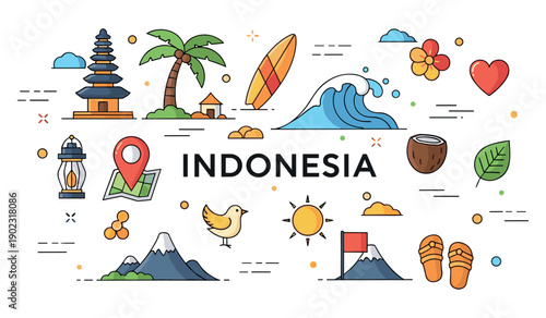 Vibrant indonesia: diverse icons of culture and nature featuring waves, temples, and wildlife