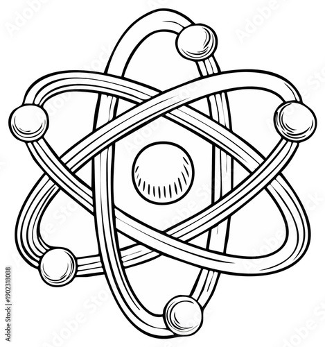 Scientific atom model outline illustration showing electrons orbiting nucleus