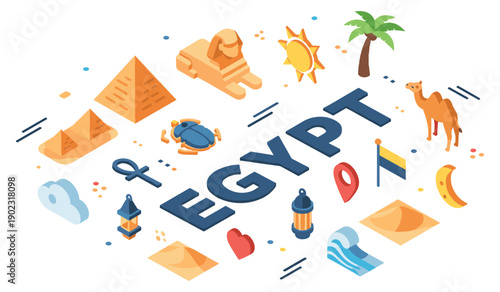 Egyptian symbols and landmarks: pyramids, sphinx, camel, and ankh iconography