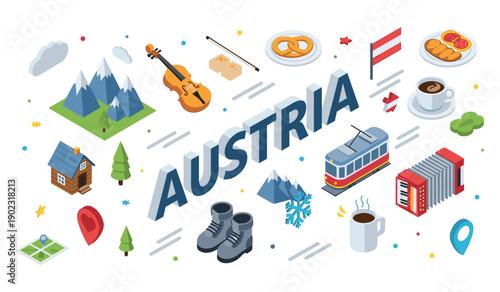 Austria icons: mountains, coffee, accordion, flag, violin, train, food, culture, landmarks