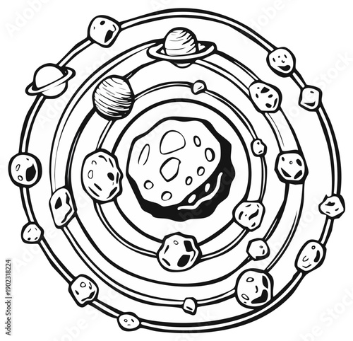 Black and white hand-drawn illustration of the solar system