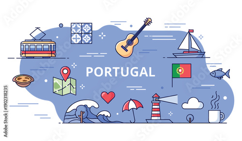 Illustrated symbols of portugal: tram, tiles, guitar, sailboat, flag, and lighthouse