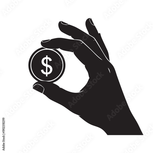 Hand holding dollar coin vector silhouette, financial transaction, money savings, investment opportunity, economic growth, currency exchange concept, payment method