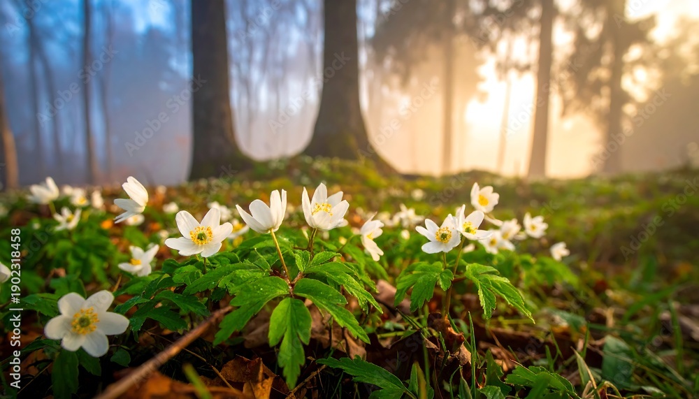 Obraz premium White flowers blooming in a forest with morning sunlight and misty background