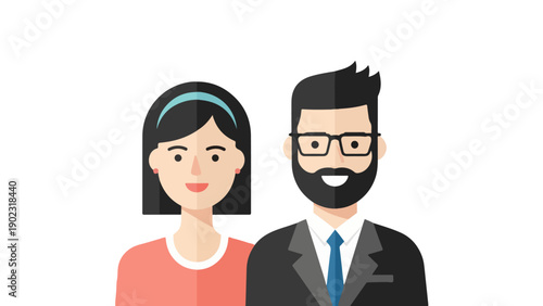 Professional Business Avatars: Flat Design Vector Illustration of a Woman and a Bearded Man in Suit | Profile Icons for Team and Customer Service