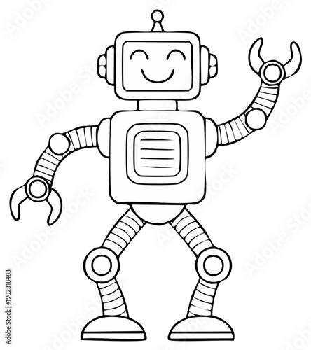 Friendly smiling robot with pincer hands simple line art drawing illustration for children