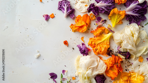 Scattered colorful cabbage petals on light background, flat lay