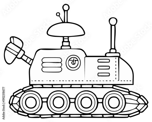 Whimsical Line Art Space Rover with Tracks, Antennae, and Propeller