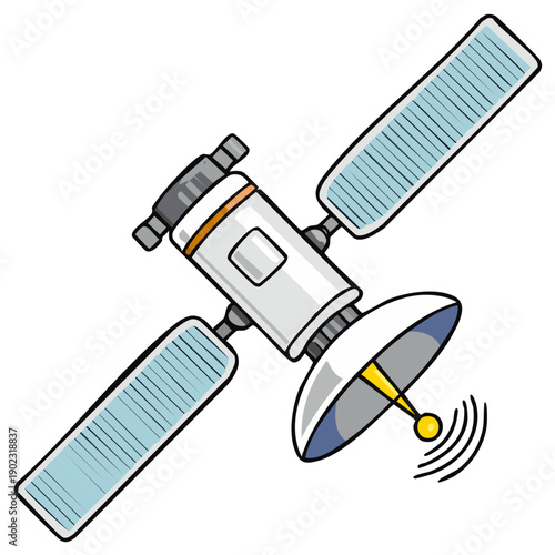 Simple cartoon illustration of a communication satellite with solar panels transmitting a signal from its dish antenna