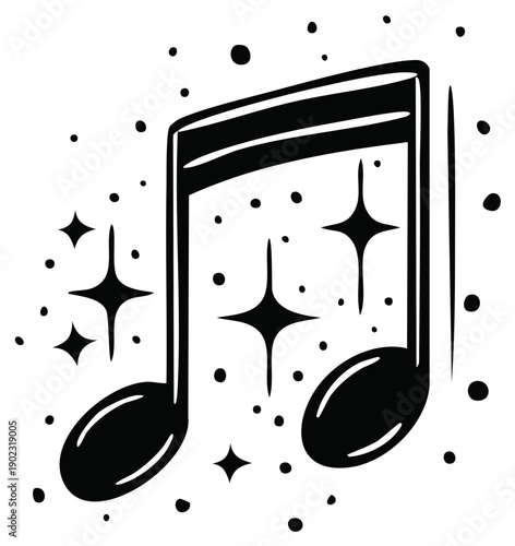 Musical eighth note surrounded by sparkling stars and confetti graphic