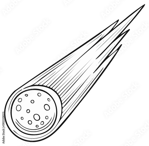 Simple black and white line art illustration of a falling cartoon meteor with craters and a motion trail