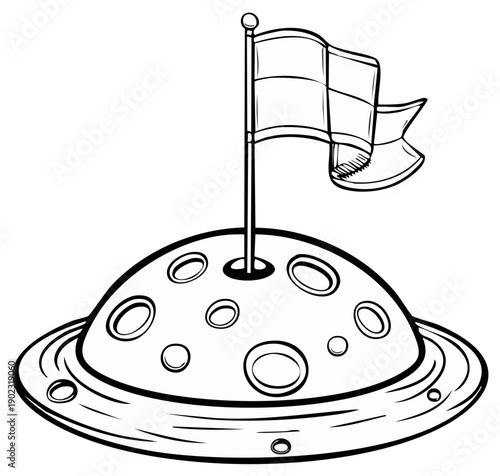Cartoon illustration of a planet or moon with flag and craters in black and white