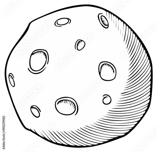 Black and white illustration of a celestial object with craters and textured surface.