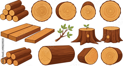 Set of wooden logs tree trunks cross sections and stumps with bark wood planks and branch isolated on white background for lumber.