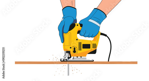 Hands in Protective Blue Gloves Using a Yellow Jigsaw to Cut a Wooden Board in a Carpentry Workshop.