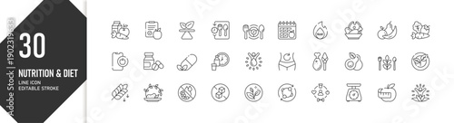 30 Healthy Eating and Diet Planning Line Icons for Wellness and Balanced Lifestyle