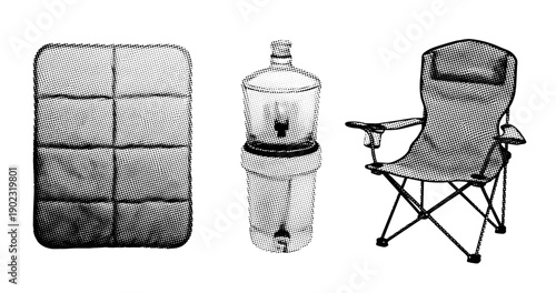 Camping essentials: folding chair, water dispenser, mat