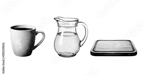 Monochrome halftone art: coffee mug, water pitcher, and tray