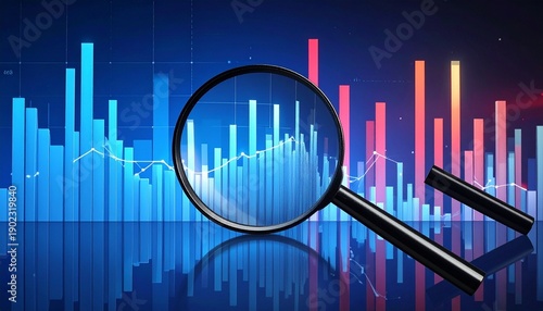 Magnifying glass highlighting a section of a digital bar chart in blue and red tones, symbolizing data analysis and scrutiny.