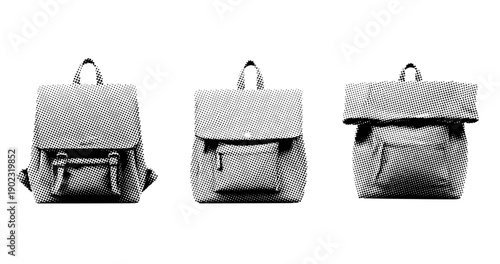 Halftone pattern backpacks trio: classic designs in black and white