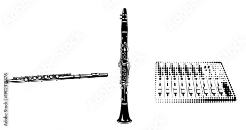 Flute and clarinet with mixing console - black and white vector illustration