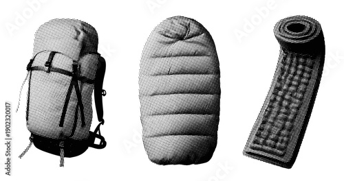Hiking gear set: backpack, sleeping bag, and camping mat in halftone style
