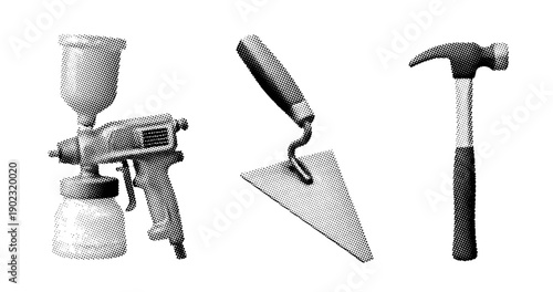 Vintage dot art of spray gun, trowel, and hammer tools