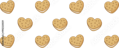 Heart shaped sandwich cookies vector illustration, sweet dessert biscuits with cream filling, romantic snack design, bakery food pattern, love themed confectionery art