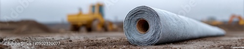 Rolled geotextile fabric on muddy construction site, shallow focus with earthmoving machinery behind, civil engineering supply for road base drainage, overcast workday