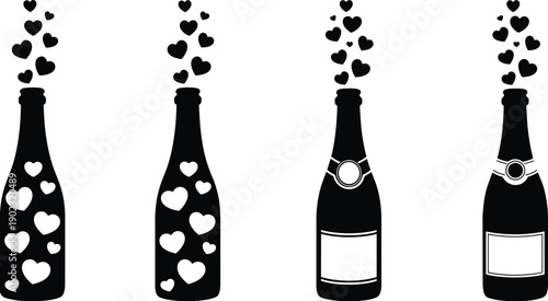 Champagne bottle vector illustration with heart bubbles, romantic celebration design, Valentine’s Day festive art, wedding love graphic decoration, party holiday symbol