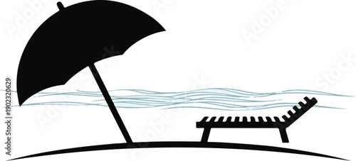 Beach scene silhouette with umbrella and lounge chair