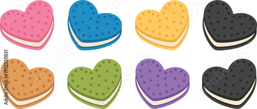 Valentine’s Day heart shaped cookies collection with colorful sandwich biscuits, sweet cream filled snacks in pink, blue, yellow, and green, vector food illustration.